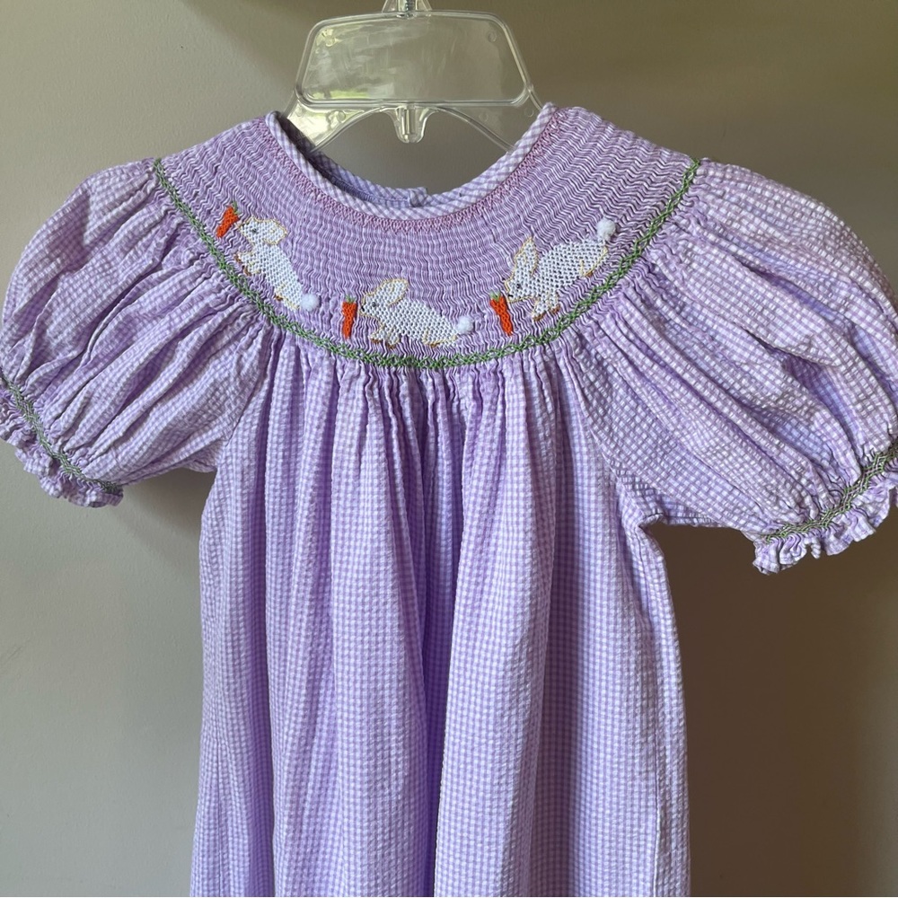 Mom & Me EUC checked bishop dress purple gingham seersucker cap sleeve 5 smocked